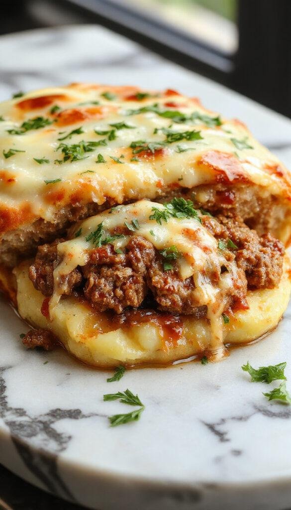 A savory Cheesy Mashed Potato Meatloaf sliced to reveal melted cheese and tender meat topped with crispy potato crust