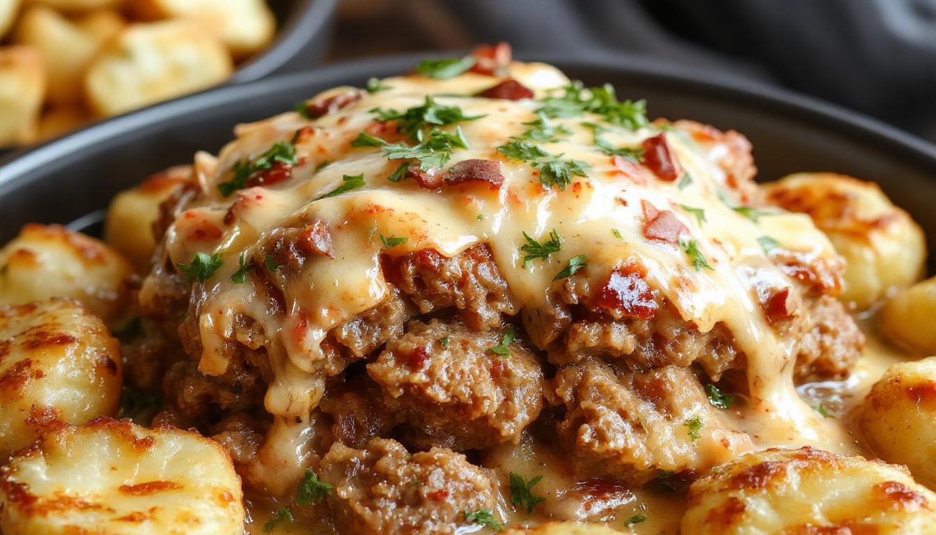 A golden-brown meatloaf topped with melted cheese, surrounded by crispy tater tots arranged in a baking dish. Steam rises gently from the hot dish, highlighting its rich, cheesy topping and crispy sides.