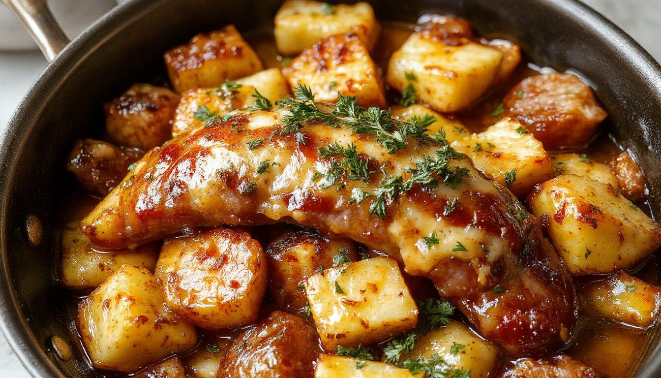 A rustic oval skillet filled with golden roasted potatoes, sliced smoky sausage, and melted cheese bubbling on top, garnished with chopped parsley. The dish showcases crispy edges and a cheesy, savory appeal with vibrant colors from the herbs and ingredients.
