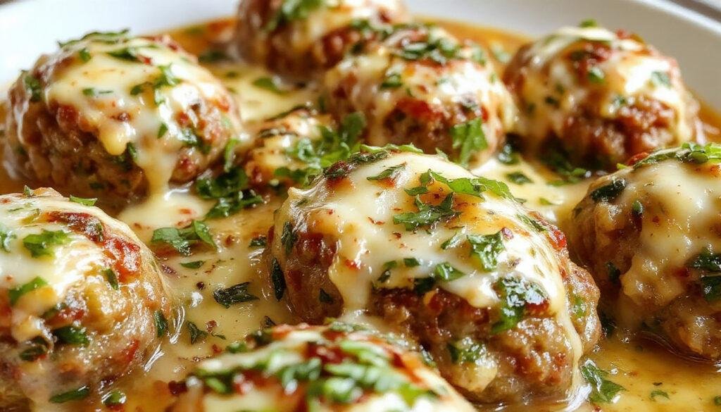 A close-up of golden-brown mozzarella-stuffed meatballs on a white plate, garnished with fresh chopped parsley. The meatballs are juicy with melted cheese oozing from the center, surrounded by wilted spinach and minced garlic cloves, creating an appetizing contrast of textures and colors.