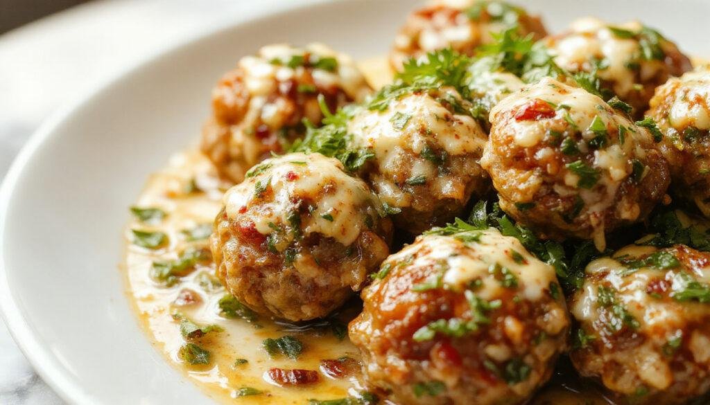 A close-up of golden-brown garlic meatballs filled with vibrant green spinach and melted creamy mozzarella cheese, garnished with fresh herbs, arranged on a rustic white plate with a sprig of basil at the side.