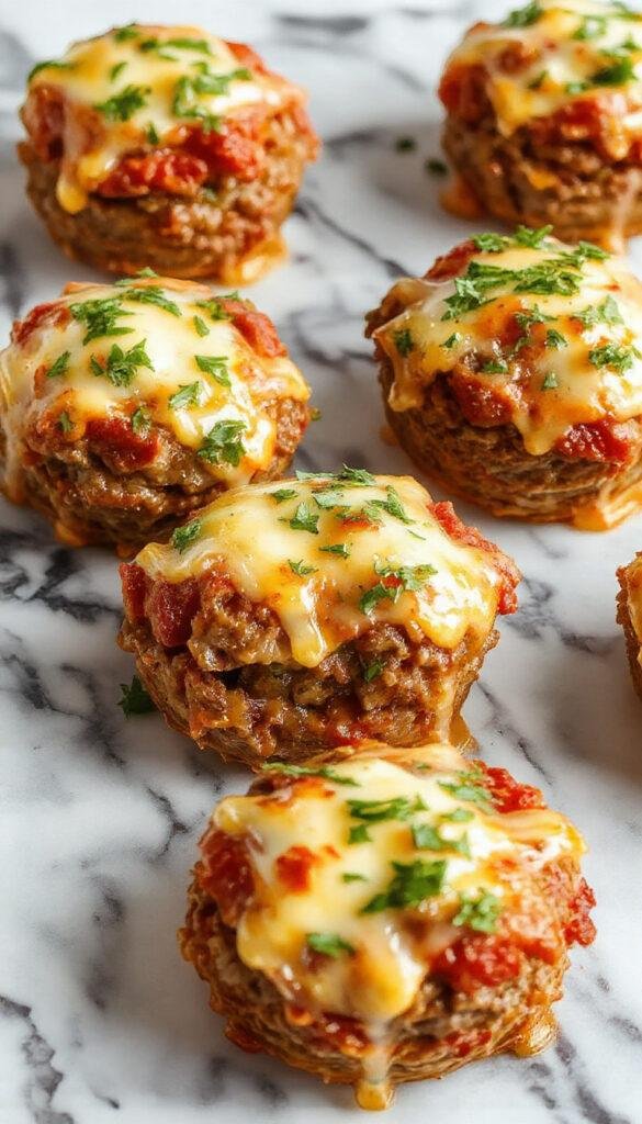Close-up of Cheesy Stuffed Meatloaf Bites arranged on a plate, showcasing cheesy filling oozing from savory meatloaf bites garnished with herbs.