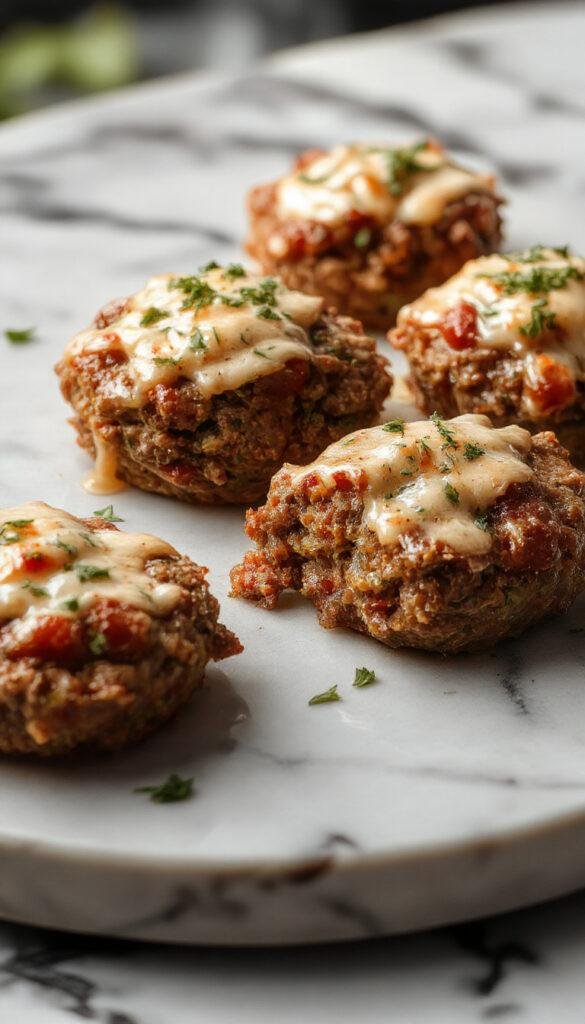 Close-up of cheesy stuffed meatloaf bites plated on a wooden tray, showing golden-brown exterior and melted cheese filling spilling out.