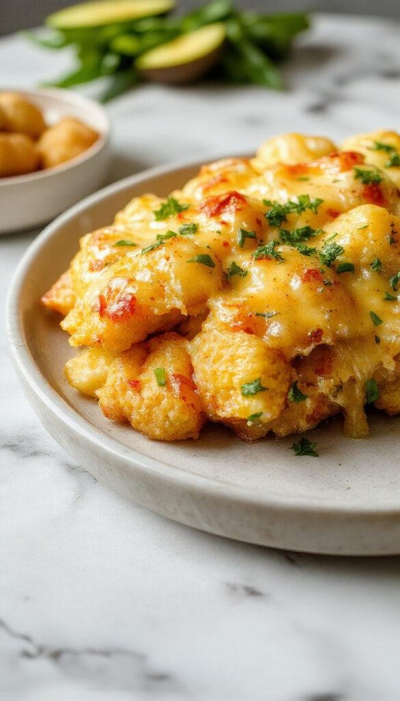 A cheesy tater tot casserole in a baking dish topped with browned cheese, surrounded by fresh ingredients like sour cream, chives, and tomatoes.