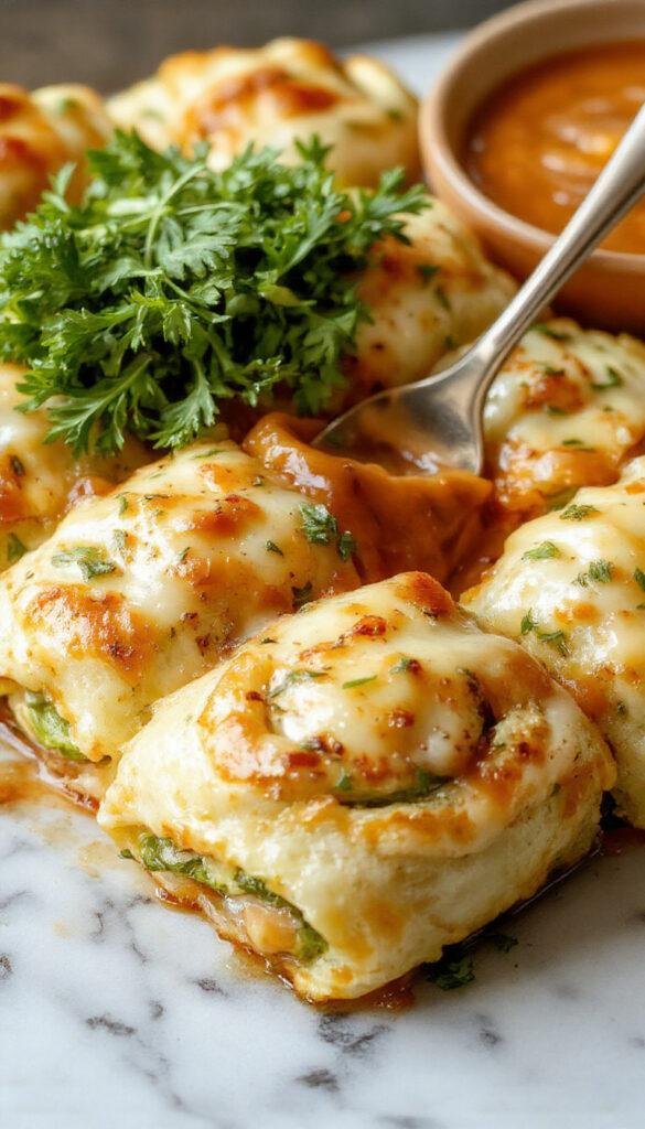 Golden baked cheesy veggie rolls filled with colorful vegetables and melted cheese, served on a white platter.