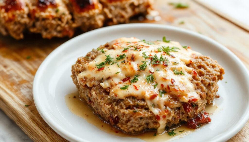 A sliced Chicken Cordon Bleu Meatloaf displaying tender chicken and ham layers inside a crispy golden-brown crust, garnished with fresh herbs on a white plate