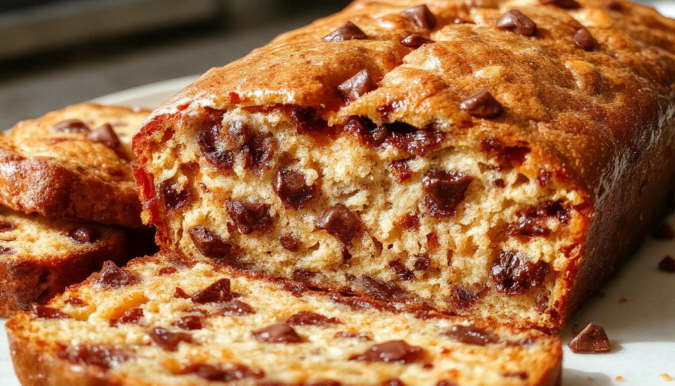 A golden-brown loaf of Chocolate Chip Banana Bread sits on a rustic wooden surface, with chocolate chips visible on the crust. Sliced revealing moist, tender crumbs dotted with melty chocolate chips, garnished with a few slices fanned out and a sprig of fresh mint for contrast.