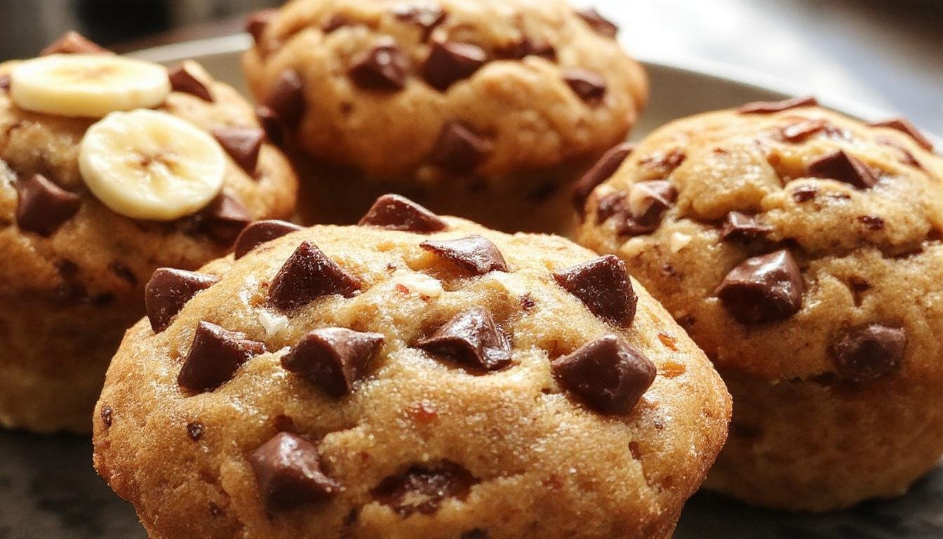 A close-up of golden-brown banana muffins filled with melting chocolate chips, topped with a sprinkle of chopped nuts, arranged in a paper muffin liner on a rustic wooden table with a blurred background