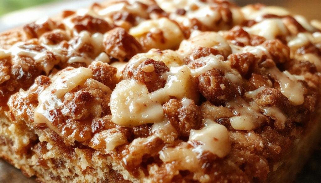 A slice of cinnamon apple drizzle crumb cake on a white plate, showcasing a golden-brown crust with generous apple chunks and a cinnamon-spiced crumb topping, drizzled with caramel-colored apple syrup, and garnished with a sprinkle of cinnamon.