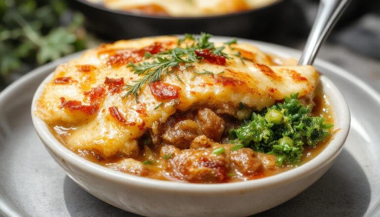 A hearty serving of shepherd's pie featuring a golden-brown mashed potato crust topped with a rich, savory beef and vegetable filling, garnished with a sprig of parsley, served on a rustic wooden table.