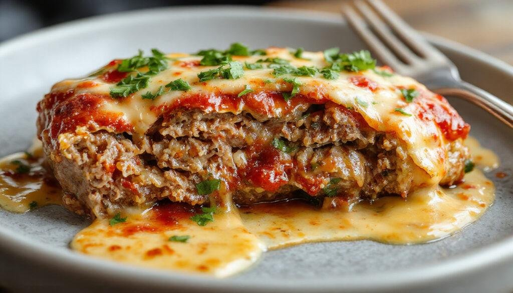 A rustic white platter displaying a sliced Italian stuffed meatloaf with a golden-brown crust. The inside reveals a vibrant mixture of seasoned ground meat, chopped vegetables, and melted cheese. Garnished with fresh herbs and a drizzle of marinara sauce, the slices are neatly arranged to showcase the hearty filling and tender texture.