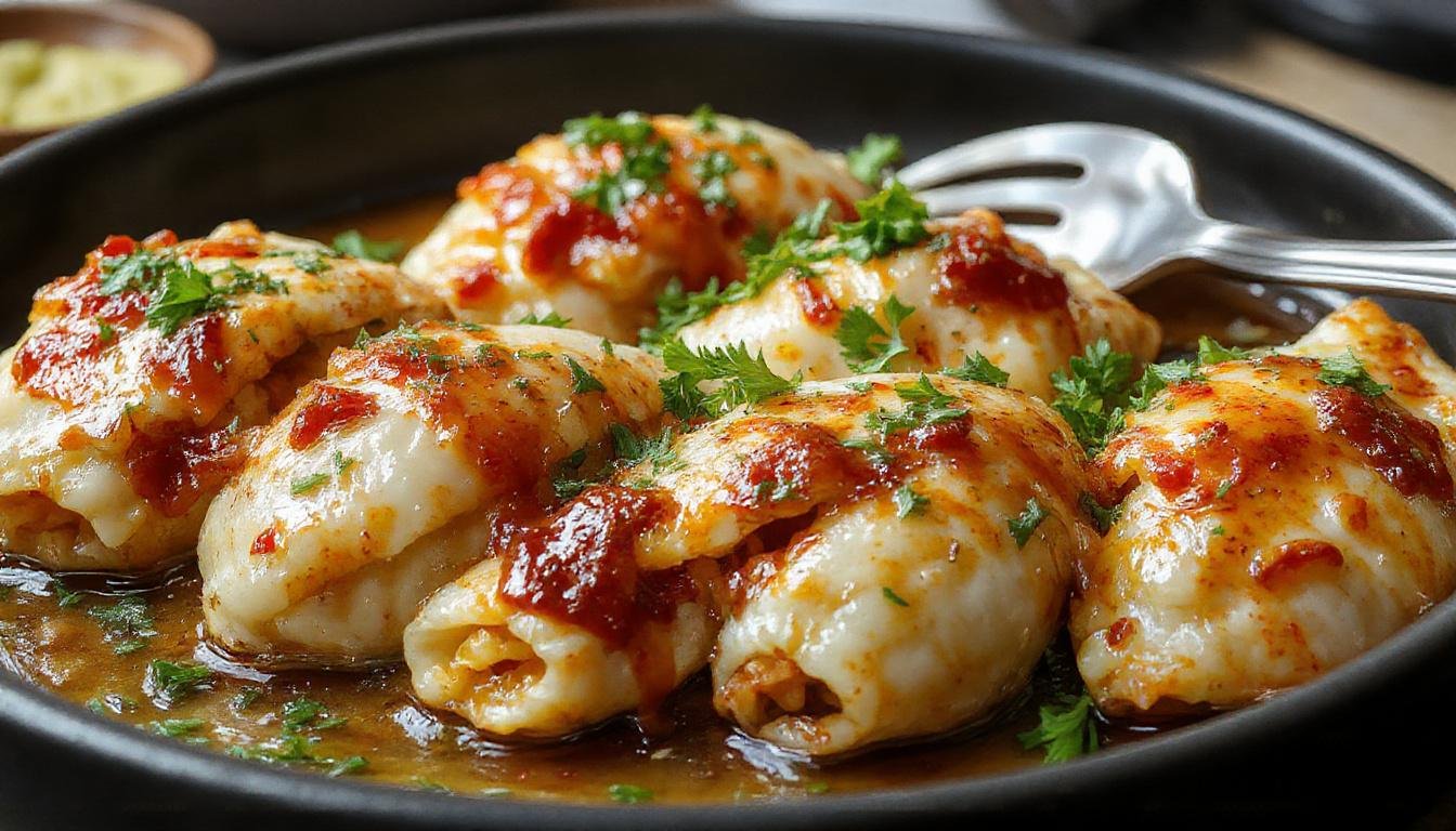 A close-up of large pasta shells filled with a creamy ricotta and seasoned meat mixture, topped with melted cheese and garnished with fresh basil. The shells are arranged on a rustic white plate, showcasing their golden edges and the flavorful stuffing inside, with a sprinkle of herbs for a vibrant touch.