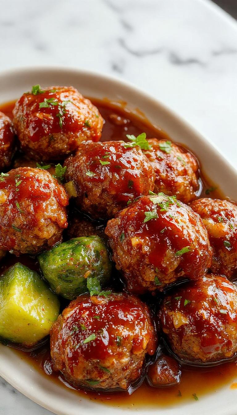A plate of golden meatballs glazed in sweet and sour sauce, garnished with chopped green onions and colorful bell peppers, perfect for a crowd.