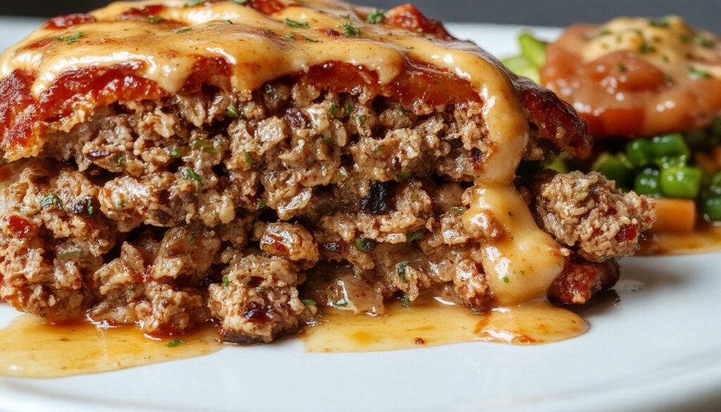 A hearty slice of classic meatloaf on a rustic white plate, topped with ketchup glaze and garnished with fresh parsley. The meatloaf has a moist, tender texture, with visible bits of onion and bell pepper, served alongside a side of mashed potatoes and green beans, creating a cozy, home-style presentation.