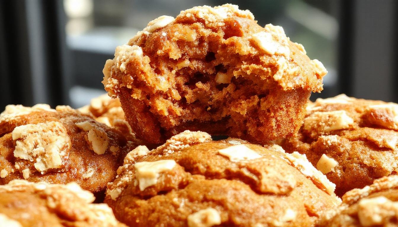 A close-up of a freshly baked Costco-style pumpkin crumb muffin with a golden-brown crumb topping, sitting on a rustic wooden surface. The muffin displays a moist, orange pumpkin base with a crunchy crumb topping, and a few crumbs scattered around, highlighting its texture and appeal.