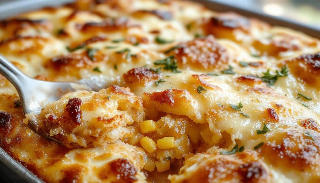 A golden-brown cowboy cornbread casserole topped with melted cheese and crispy bacon bits, served in a rustic oven-safe dish with vibrant garnishes and fresh herbs, showcasing a comforting and hearty dish with textured layers and inviting presentation.