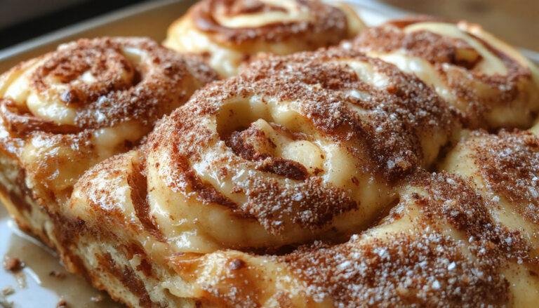 A sliced loaf of apple butter bread with cinnamon sugar swirls visible throughout, showcasing a golden crust and a soft, moist interior. The slices are slightly fanned out on a rustic wooden surface, with some cinnamon sugar sprinkled on top. The warm tones of the bread contrast beautifully with the white crumbs and the subtle sheen of apple butter filling.