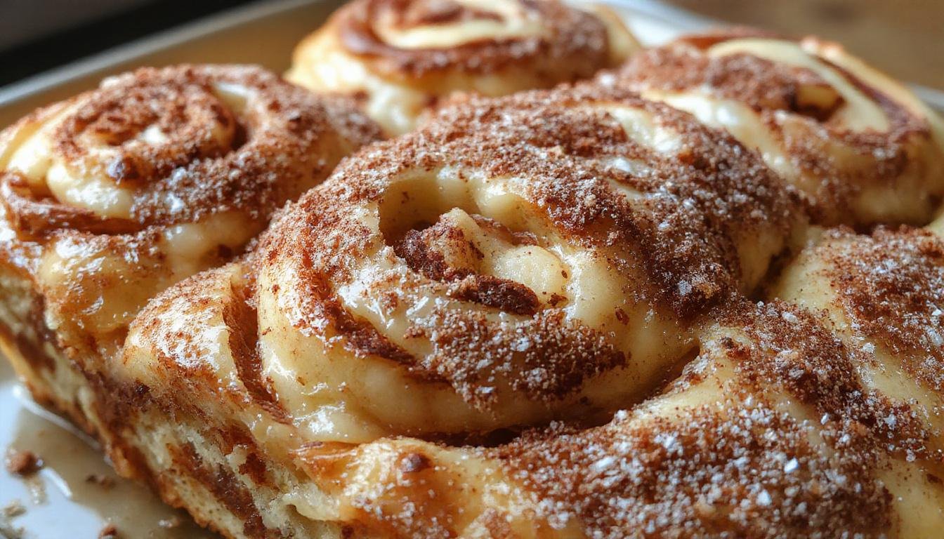A sliced loaf of apple butter bread with cinnamon sugar swirls visible throughout, showcasing a golden crust and a soft, moist interior. The slices are slightly fanned out on a rustic wooden surface, with some cinnamon sugar sprinkled on top. The warm tones of the bread contrast beautifully with the white crumbs and the subtle sheen of apple butter filling.
