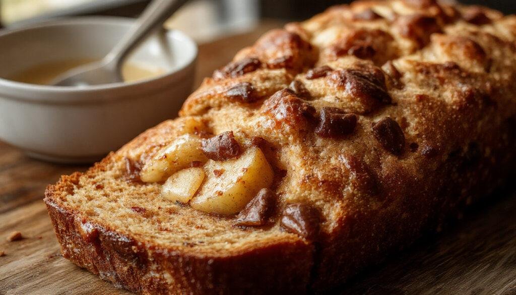 A rustic loaf of autumn apple bread with a golden-brown crust, sliced to reveal a moist interior studded with chunks of tender apple and cinnamon, resting on a wooden cutting board with a sprinkle of powdered sugar and a few cinnamon sticks in the background.