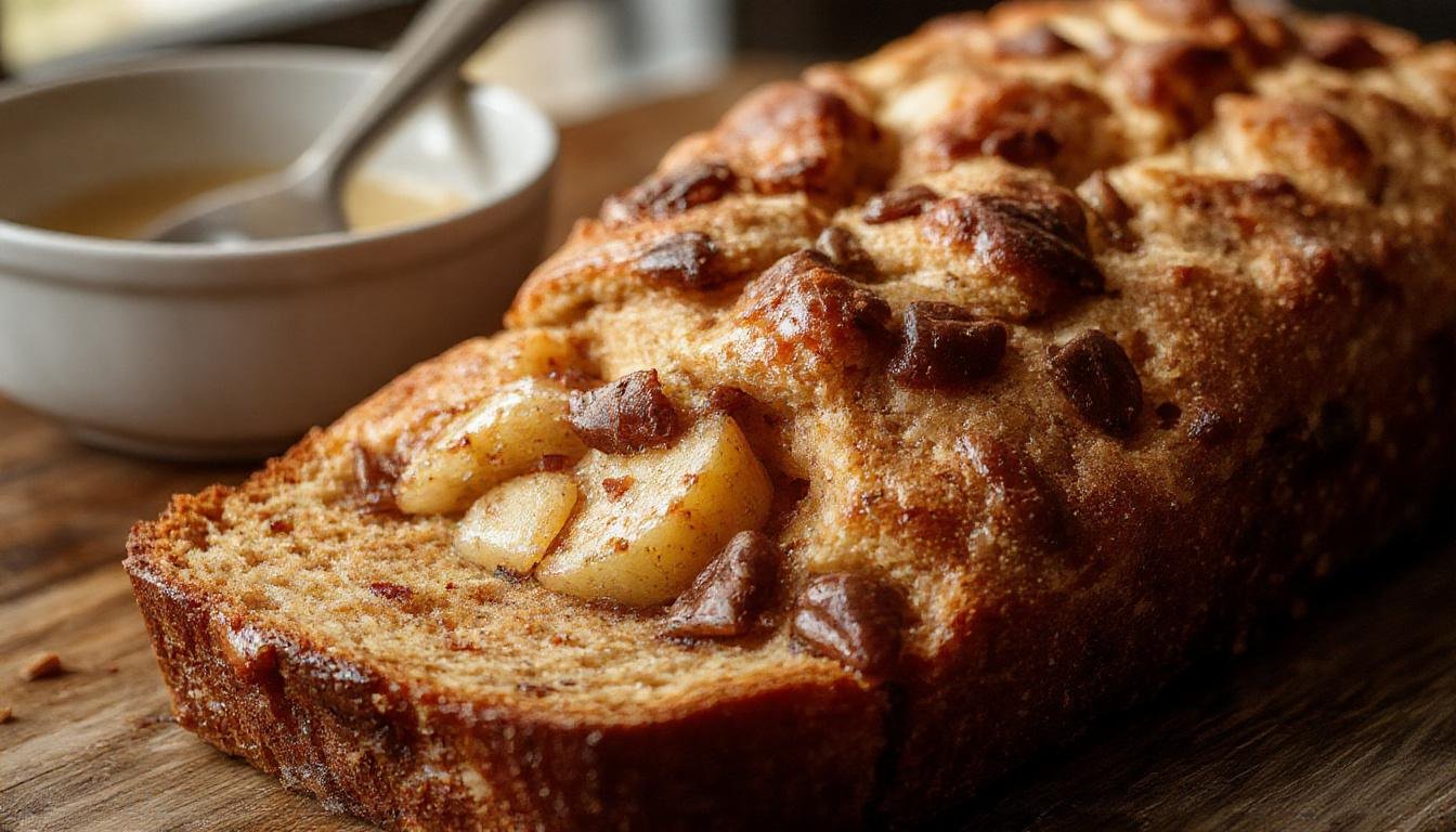A rustic loaf of autumn apple bread with a golden-brown crust, sliced to reveal a moist interior studded with chunks of tender apple and cinnamon, resting on a wooden cutting board with a sprinkle of powdered sugar and a few cinnamon sticks in the background.