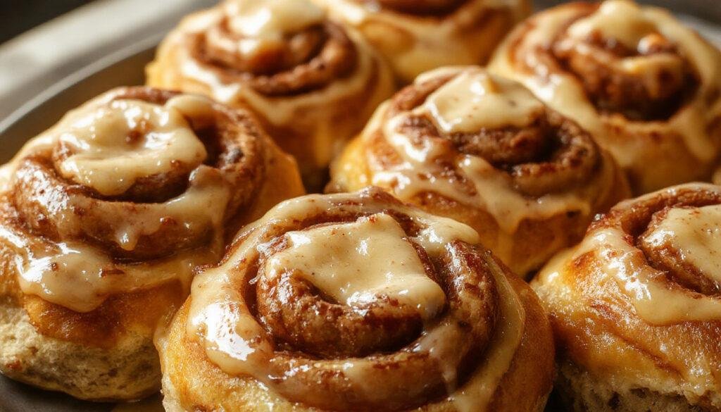 A close-up of freshly baked cinnamon rolls glazed with a shiny layer of caramel-colored brown butter, topped with a swirl of pumpkin orange filling, garnished with a sprinkle of cinnamon. The rolls are arranged on a rustic wooden platter, showcasing their soft, fluffy texture and inviting aroma.