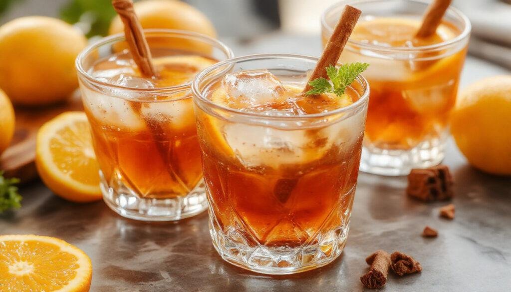 A vibrant glass filled with a bright orange liquid, garnished with a cinnamon stick and a slice of orange on the rim, with a subtle frothy texture on top. The background features warm tones, enhancing the inviting and refreshing presentation of the beverage.