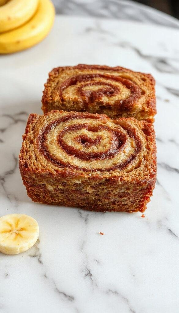 A freshly sliced loaf of Cozy Cinnamon Swirl Banana Bread with swirls of cinnamon visible inside, resting on a rustic wooden board.