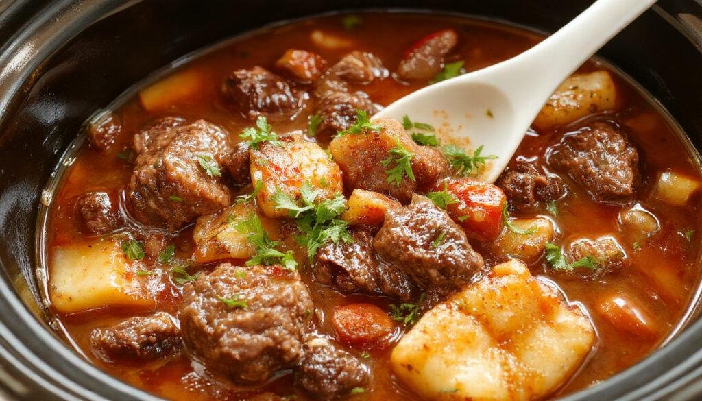 A rustic bowl of Crockpot beef stew filled with tender chunks of beef, carrots, potatoes, and peas, steaming and garnished with fresh herbs, set on a wooden table with a fork and rustic cloth napkin nearby.