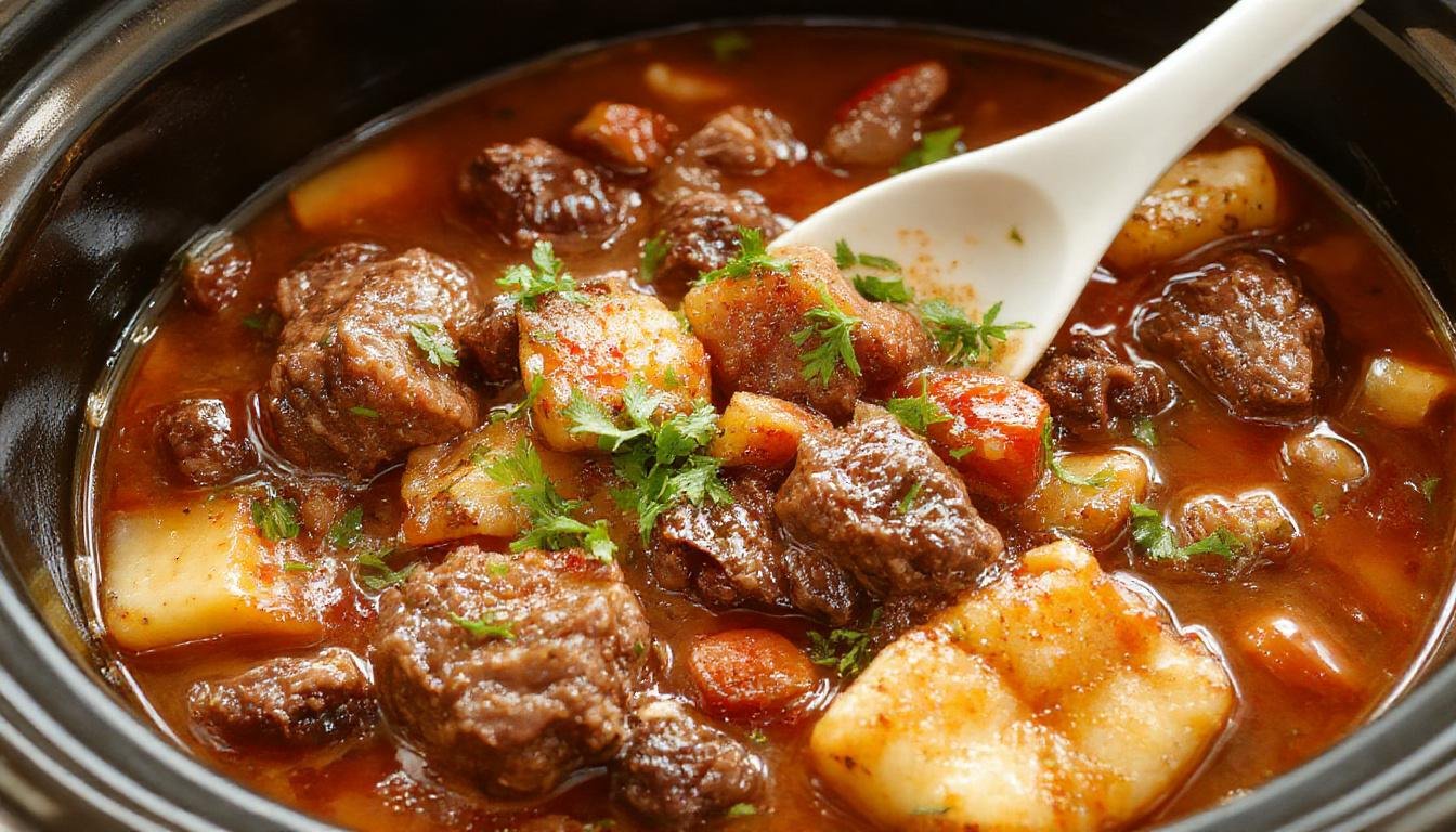 A rustic bowl of Crockpot beef stew filled with tender chunks of beef, carrots, potatoes, and peas, steaming and garnished with fresh herbs, set on a wooden table with a fork and rustic cloth napkin nearby.