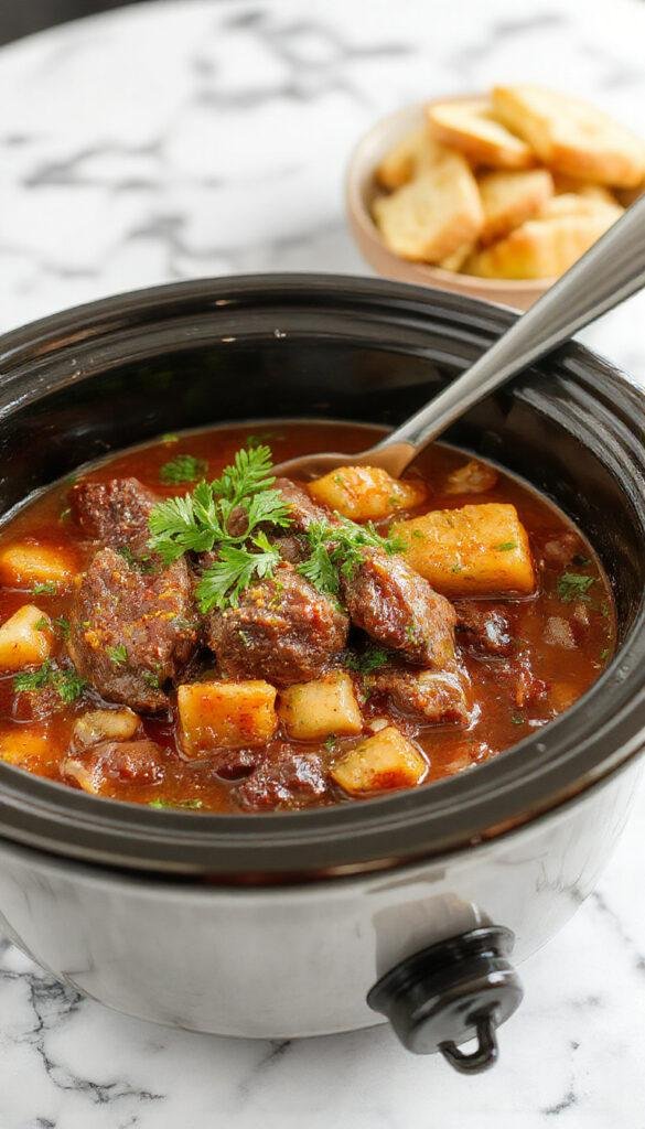 A warm bowl of hearty crockpot beef stew filled with tender beef chunks, carrots, potatoes, and herbs, steaming and ready to enjoy.