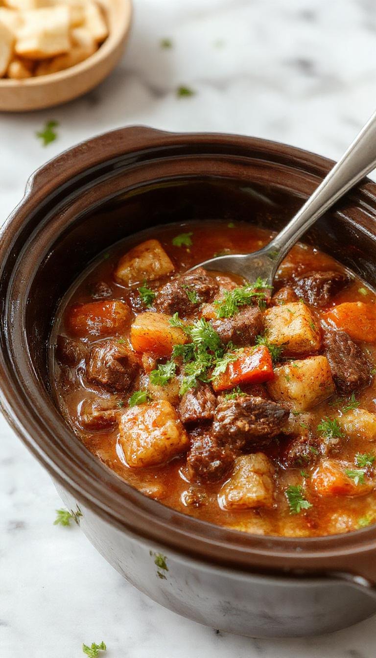 A warm, hearty crock pot filled with tender beef chunks, colorful vegetables, and rich gravy, perfect for a cozy meal.
