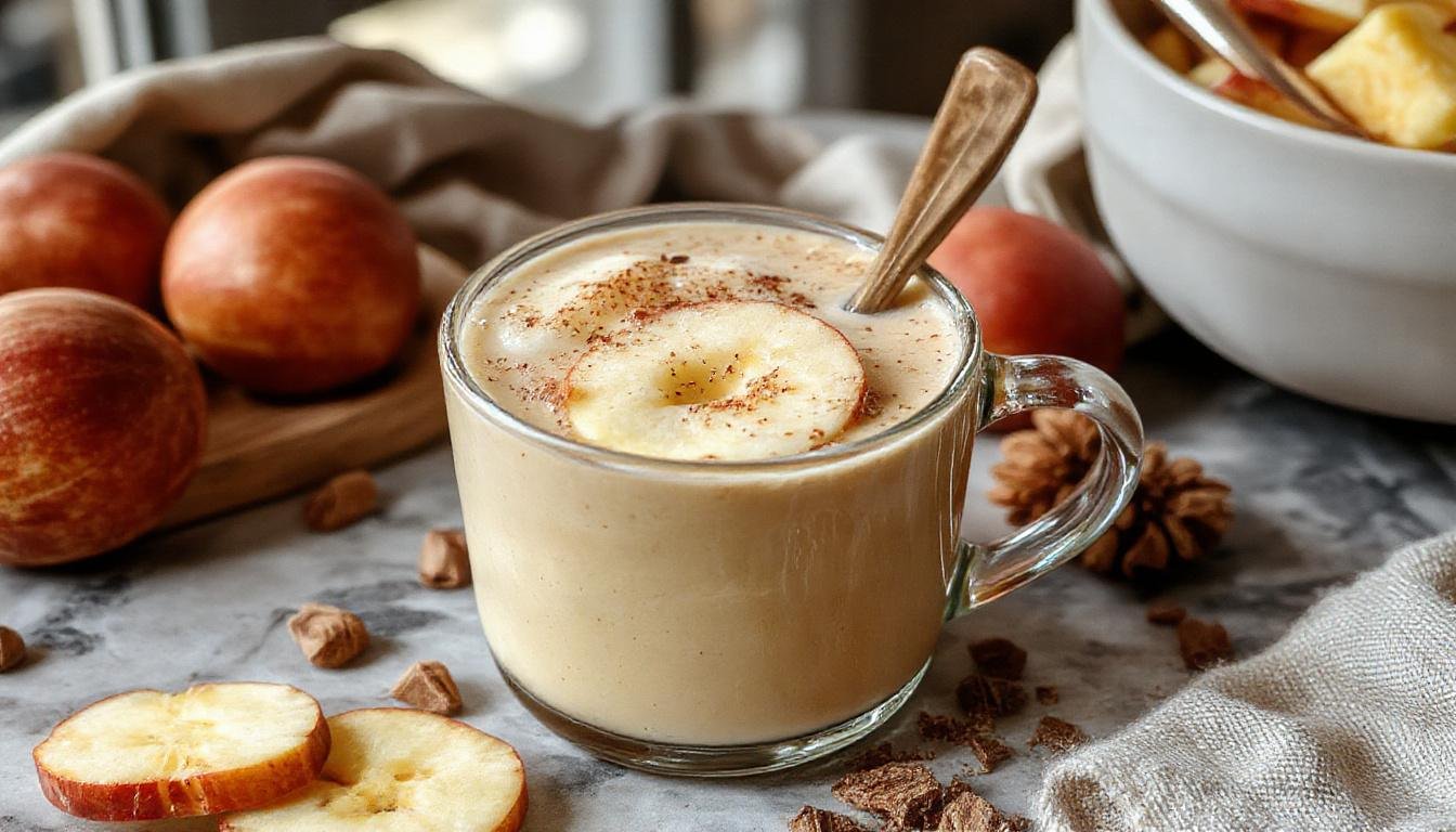 A warm, frothy apple chai latte in a clear glass mug, topped with a sprinkle of cinnamon and a slice of apple on the rim, steaming gently against a rustic wooden backdrop.