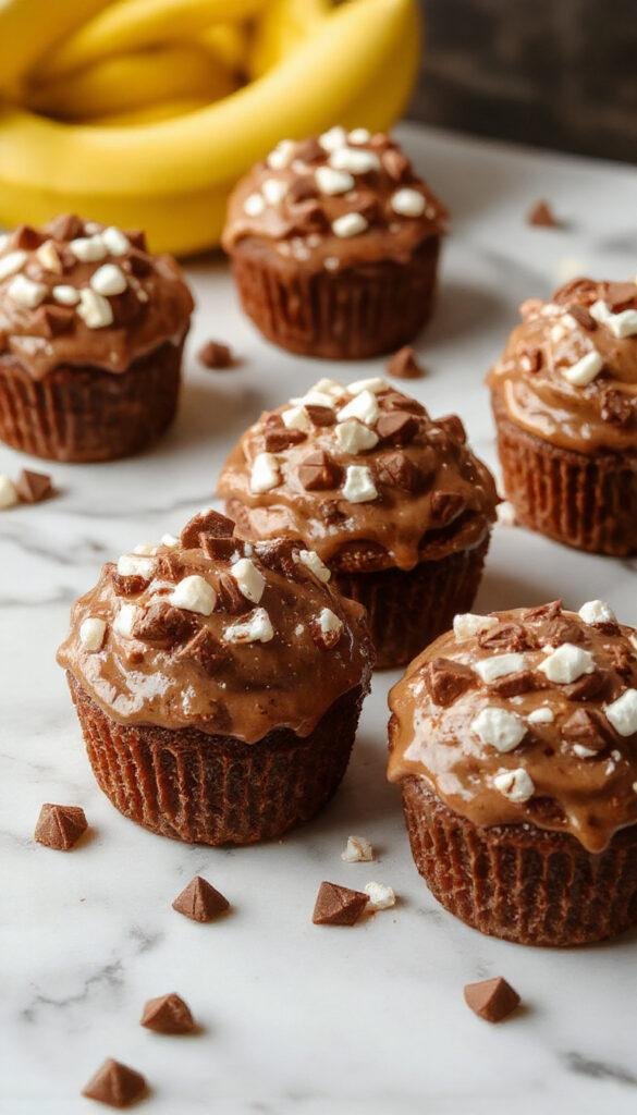 Delicious Cozy Hot Chocolate Cupcakes topped with whipped cream and chocolate shavings, set on a rustic wooden table.