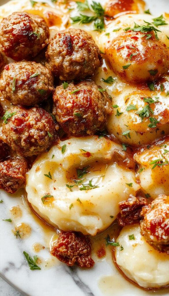 A hearty casserole dish featuring golden baked meatballs nestled in creamy mashed potatoes, garnished with fresh herbs.