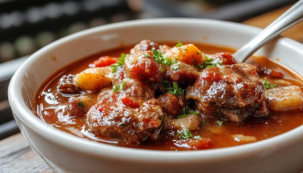 A hearty bowl of oxtail stew showcasing tender oxtails nestled in a thick, rich brown gravy with visible chunks of vegetables like carrots and potatoes, garnished with fresh herbs, served in a rustic ceramic bowl on a wooden table.