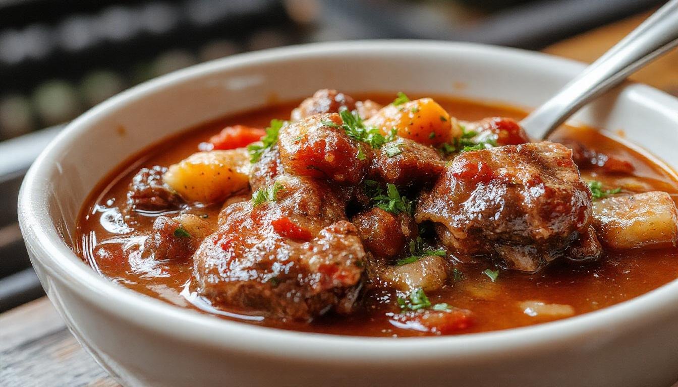 A hearty bowl of oxtail stew showcasing tender oxtails nestled in a thick, rich brown gravy with visible chunks of vegetables like carrots and potatoes, garnished with fresh herbs, served in a rustic ceramic bowl on a wooden table.