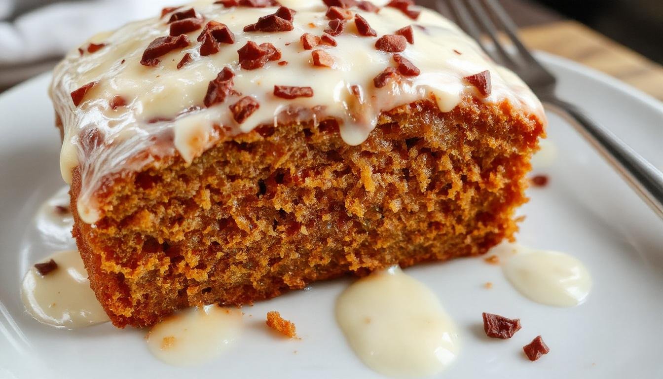A slice of moist, golden-brown pumpkin bread topped with creamy white cream cheese frosting, garnished with a sprinkle of cinnamon, placed on a rustic wooden plate with a cup of coffee and autumn leaves in the background.