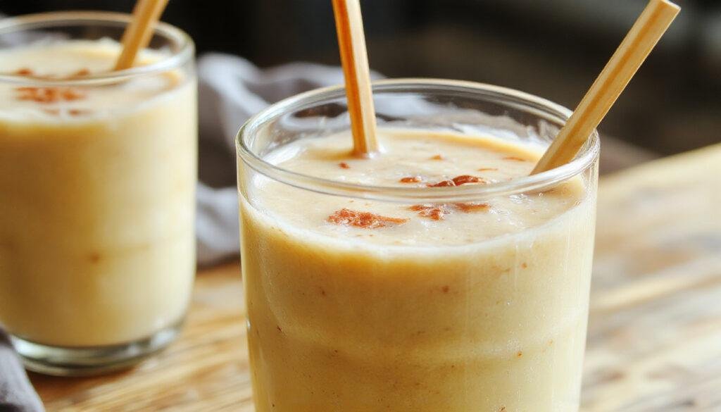 A clear glass mug filled with warm, creamy pumpkin spice milk topped with a sprinkle of cinnamon and a cinnamon stick. The drink showcases a rich orange hue with a frothy, inviting surface. The mug sits on a rustic wooden table with a few star anise and pumpkin seeds scattered around, creating a cozy, autumnal atmosphere.