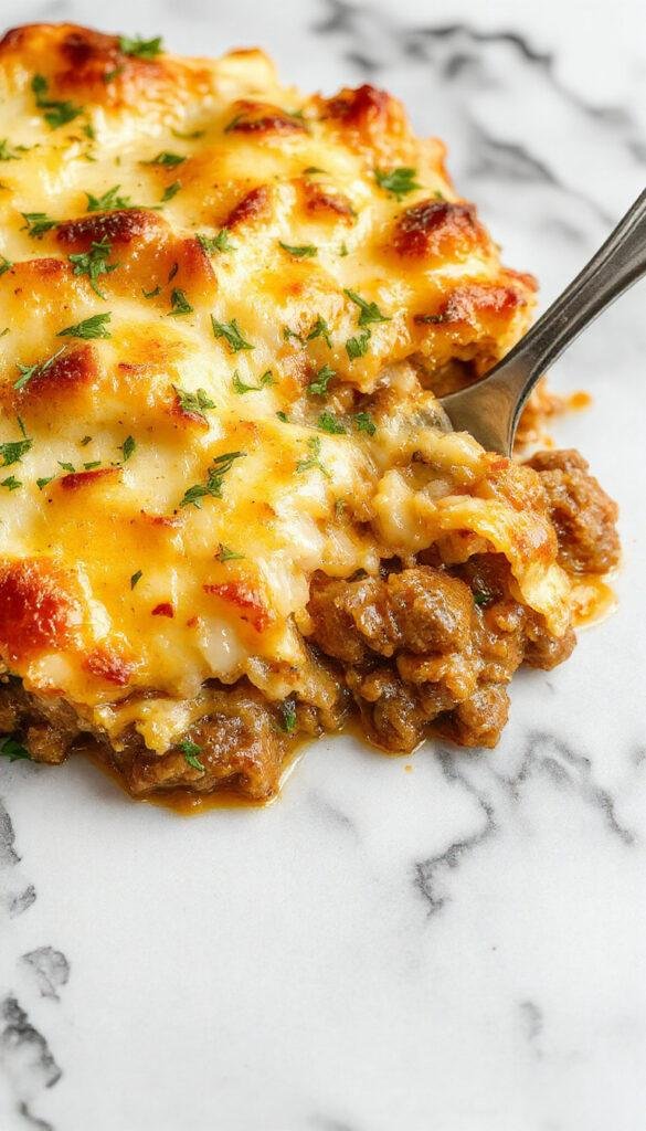 A warm dish of Cozy Shepherd's Pie Casserole featuring a golden mashed potato topping over seasoned ground meat and vegetables, served in a baking dish.