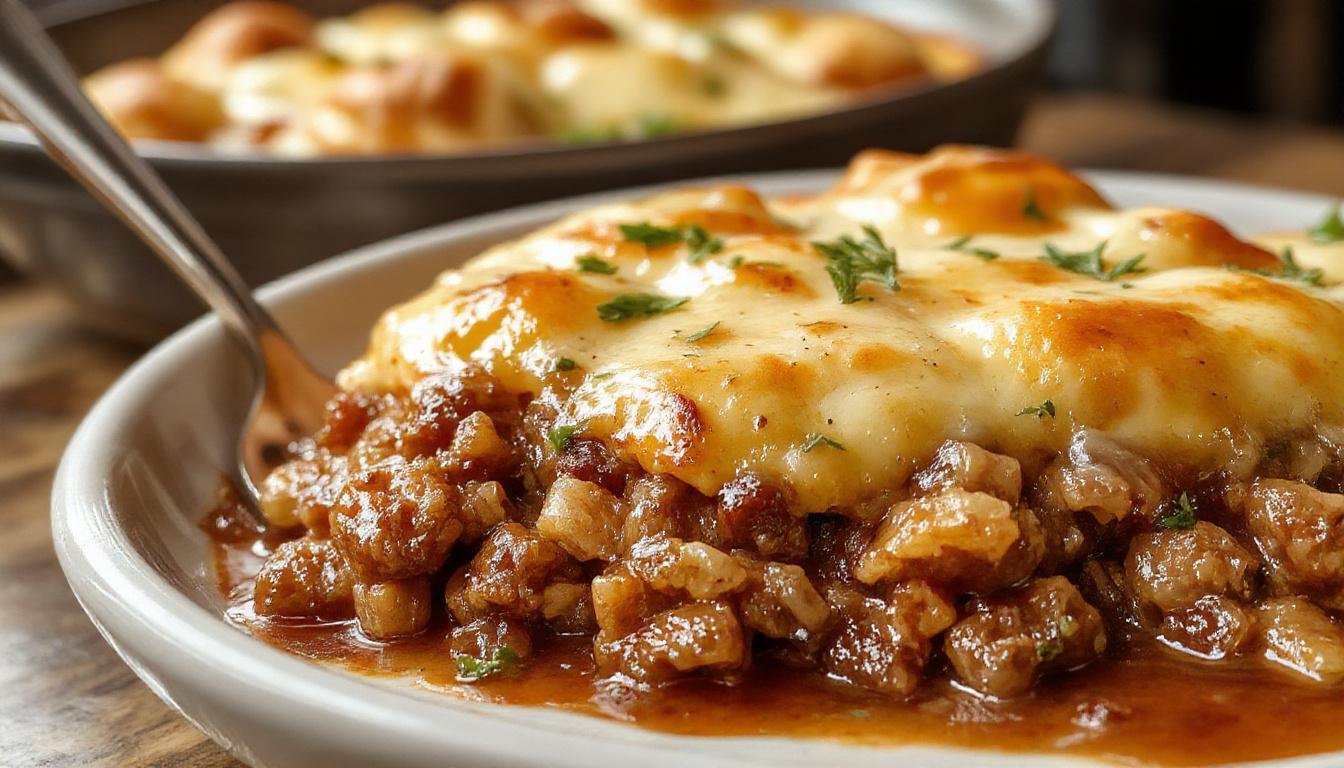 A hearty shepherd's pie casserole served in a rustic white dish, topped with golden-brown mashed potatoes and garnished with fresh herbs, with a side of green peas and carrots. The dish showcases layers of seasoned ground meat beneath a fluffy, crispy potato crust, inviting and warm.