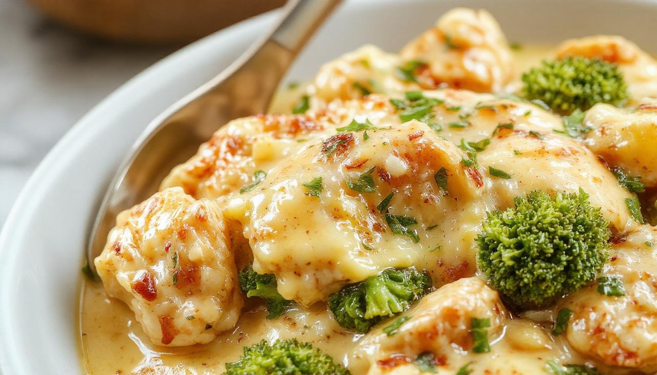 A close-up of a creamy, golden-brown chicken dish with vibrant green broccoli florets and melted cheddar cheese topping, served in a rustic white bowl on a wooden surface with a sprig of parsley for garnish.