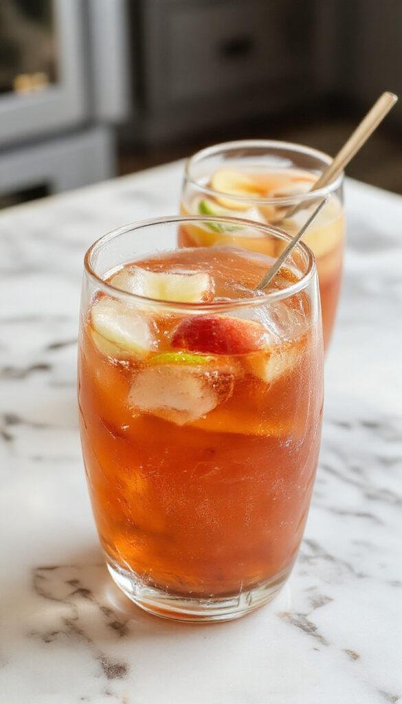 A vibrant glass of Crisp Apple Cider Sangria filled with sliced apples, citrus, and colorful berries, garnished with a cinnamon stick on a wooden table.