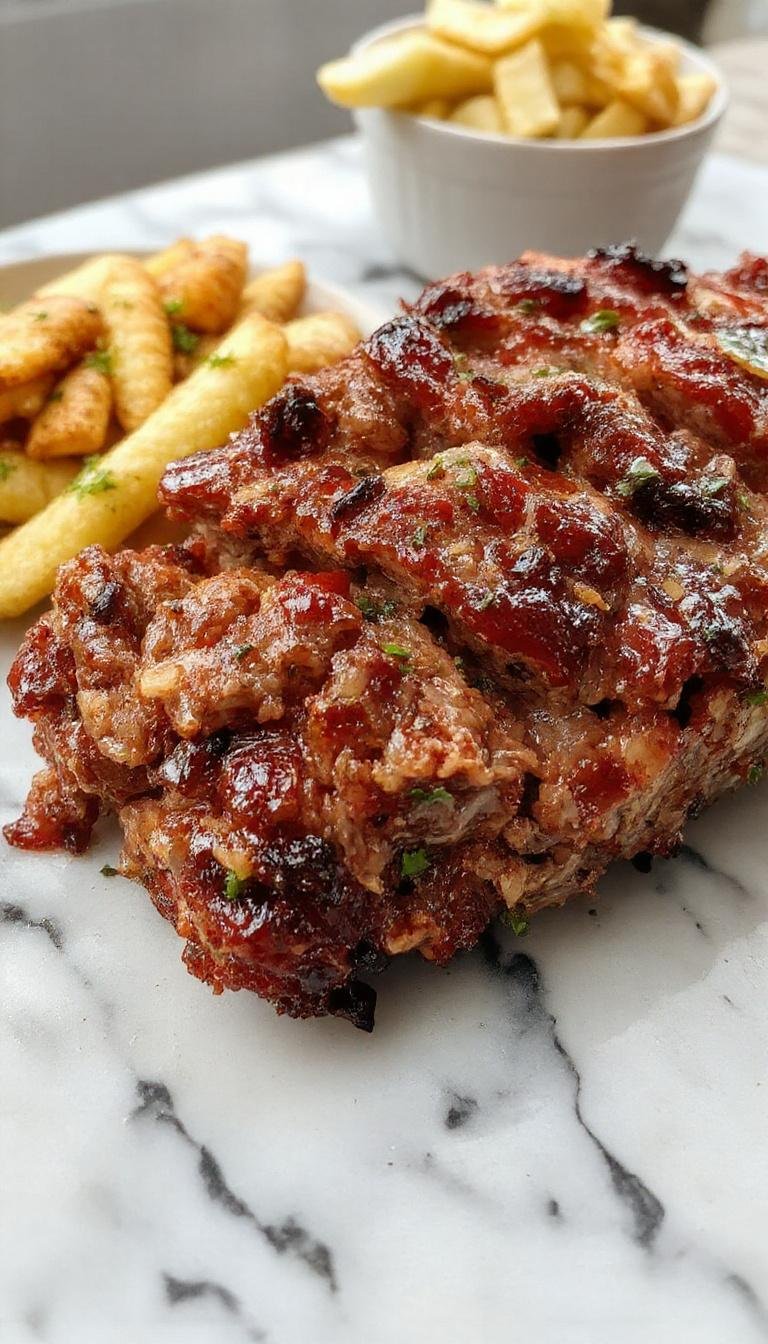 Golden crispy edges of a juicy air fryer meatloaf sliced to reveal tender, moist interior garnished with herbs.