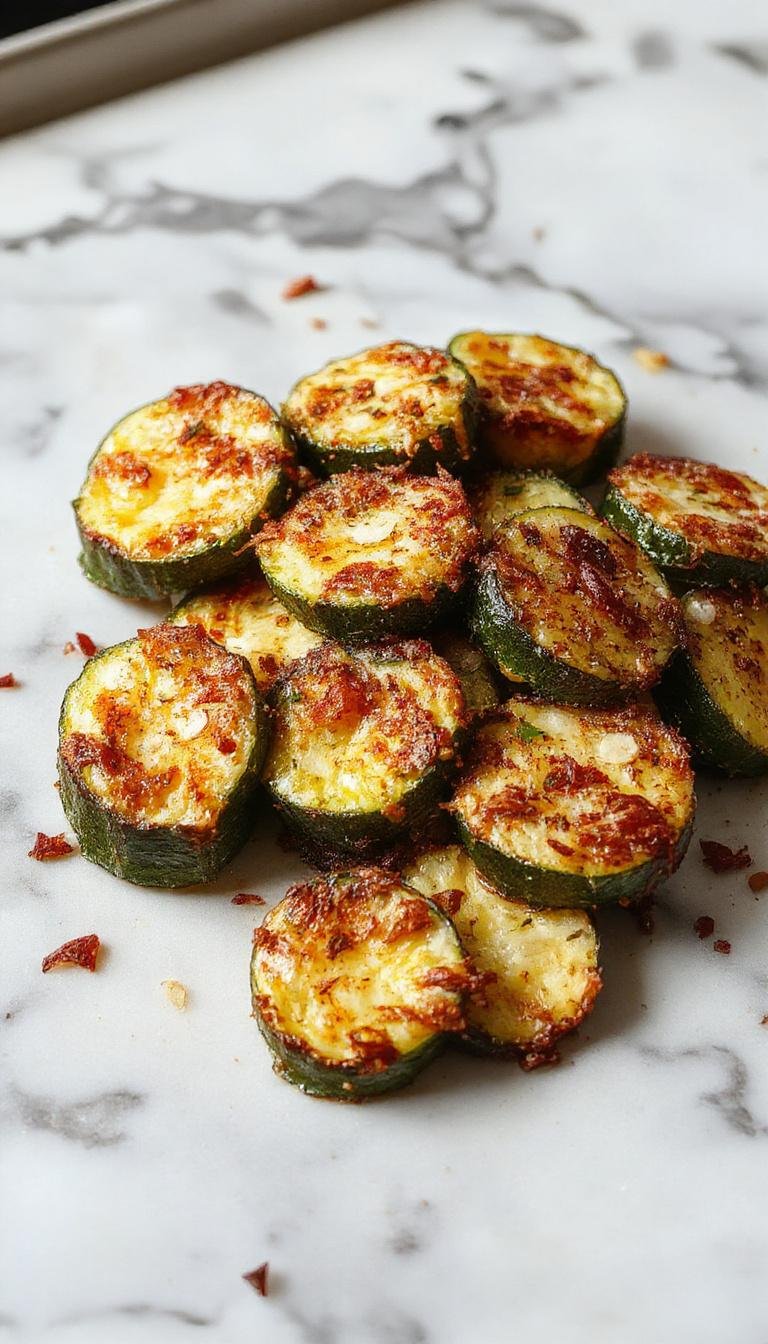 A plate of crispy baked Parmesan zucchini slices garnished with fresh herbs, golden-brown and cheesy.