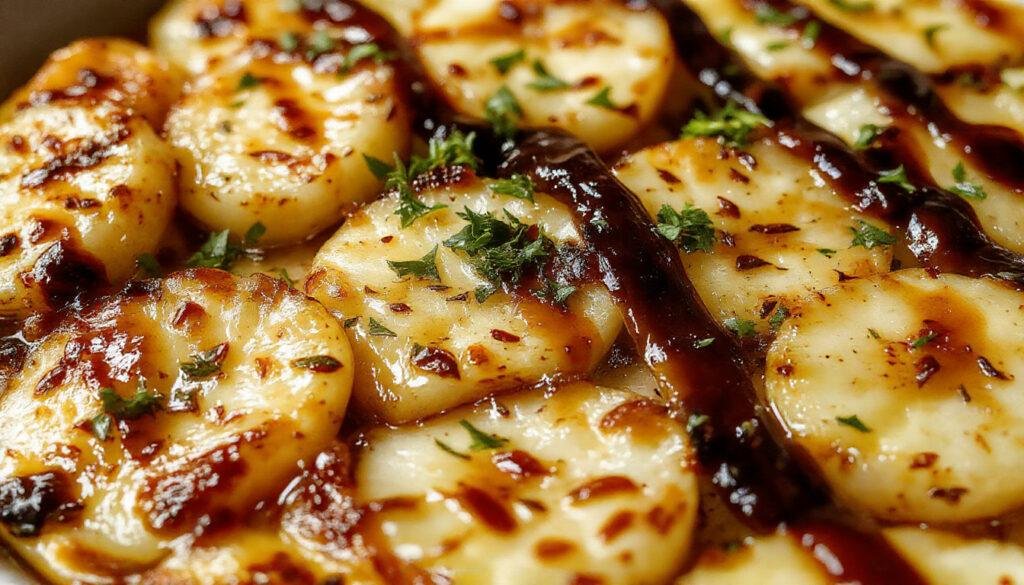 A golden-brown, crispy potato torte sliced to reveal layers of thinly sliced potatoes with a caramelized crust. The torte is garnished with fresh thyme sprigs and drizzled with balsamic glaze, all presented on an elegant white plate with a rustic wooden background.