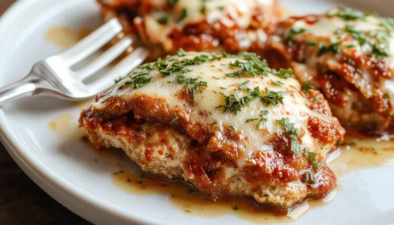 A golden-brown crispy chicken parmesan topped with melted, bubbly cheese and fresh basil leaves, plated on a white dish with a side of pasta and marinara sauce, garnished with a sprinkle of parmesan and herbs.