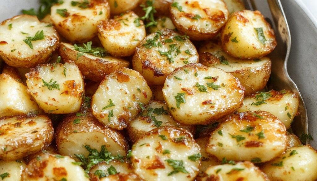 A close-up image of golden-brown crispy smashed potatoes garnished with fresh parsley and minced garlic, arranged on a rustic ceramic plate with herbs scattered around, highlighting their crispy texture and herb-infused seasoning.