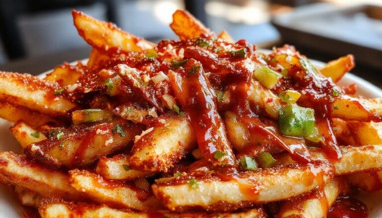 A close-up of a vibrant plate of crispy Louisiana Voodoo Fries, golden-brown and sprinkled with seasoning, topped with chopped herbs and served with a side of spicy dipping sauce, arranged artistically on a rustic wooden platter