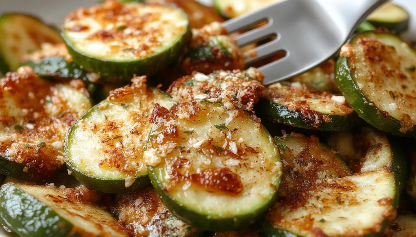 A close-up of golden-brown crispy Parmesan zucchini sticks arranged on a white ceramic plate. The zucchini slices are coated with a cheesy, crunchy breadcrumb crust, with a hint of green from the zucchini peeking through. The presentation is rustic, with a few zucchini pieces stacked neatly and the plate on a wooden table surface, garnished with fresh parsley.