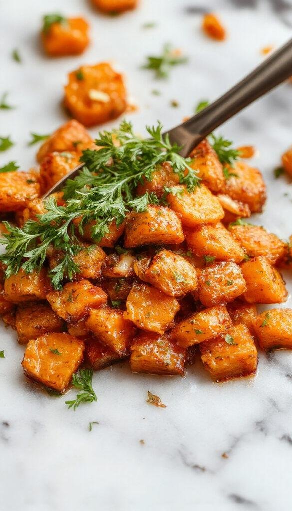 A bowl of crispy smashed carrots garnished with fresh herbs, showcasing their golden-brown, caramelized exterior and vibrant green herbs on top.